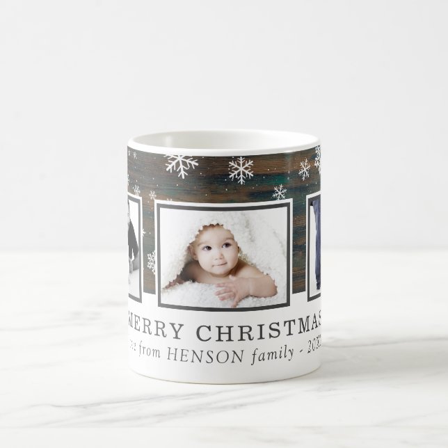 Rustic Wood Frohe Weihnachtsfamilie Foto Kaffeetasse (Mittel)