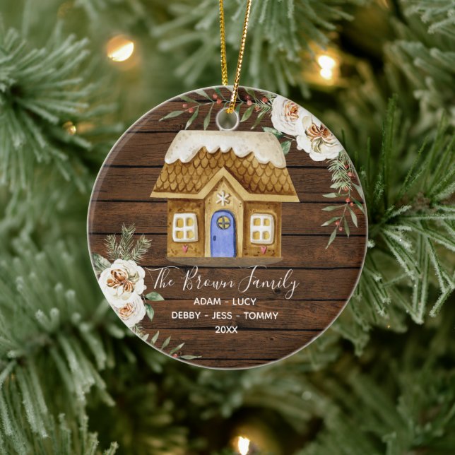 Rustic Wood Gingerbread Family Christmas House  Keramik Ornament (Baum)