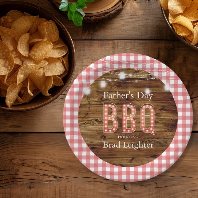 Rustic Wood Gingham GRILLEN zum Vater Pappteller (Rustic Wood Gingham Father's Day BBQ Paper Plates)