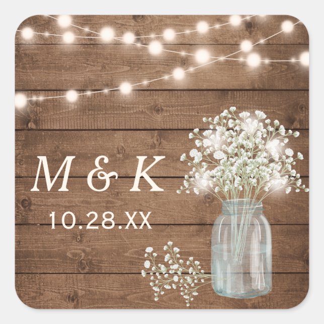 Rustic Wood Gipskraut Floral Wedgram Quadratischer Aufkleber (Vorderseite)