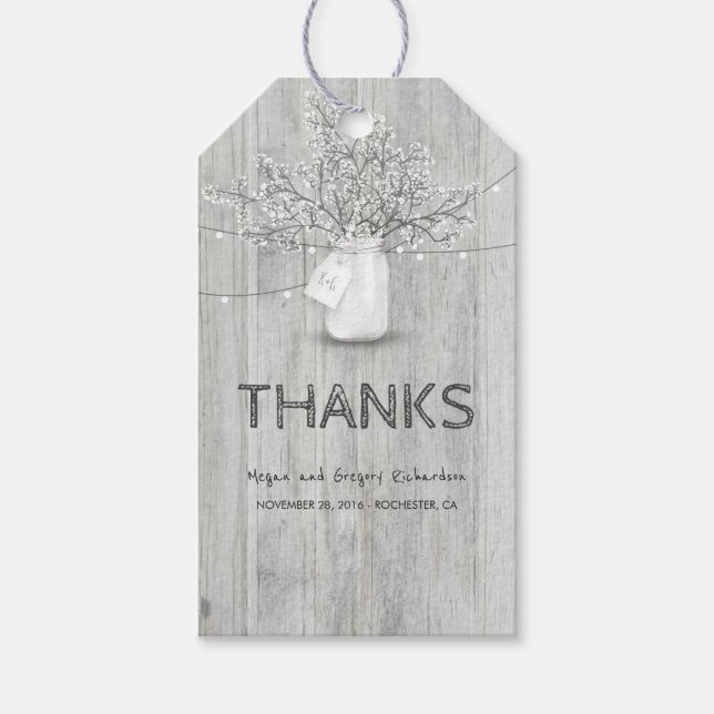 Rustic Wood Gipskraut Mason Jar Barn Wedding Geschenkanhänger (Vorderseite)