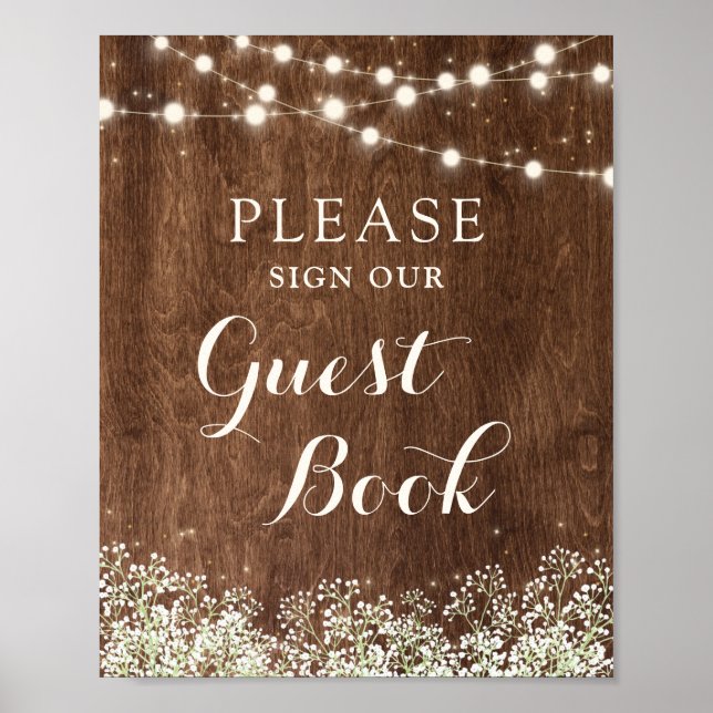 Rustic Wood Gipskraut Wedding Guest Book Sign Poster (Vorne)