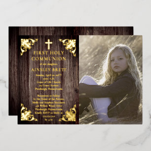 Rustic Wood Girl Foto Erste Heilige Kommune - Gold Folieneinladung