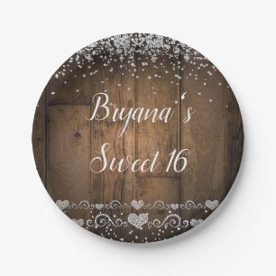 Rustic Wood Glam Diamonds Glitzer Birthday Party Pappteller