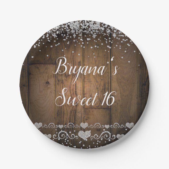 Rustic Wood Glam Diamonds Glitzer Birthday Party Pappteller (Vorderseite)
