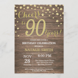 Rustic Wood Gold 90. Geburtstag Diamond Einladung