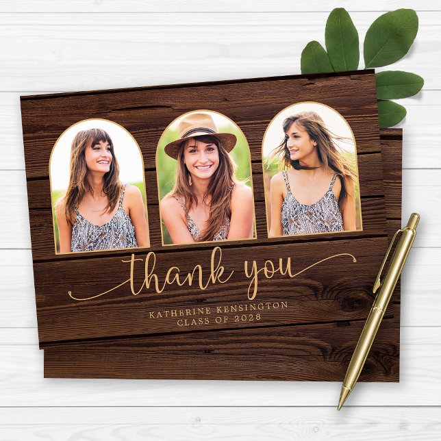 Rustic Wood Gold Arch 3 Foto Abschluss Dankeskarte (Rustic Wood Gold Arch 3 Photo Graduation Thank You Card)