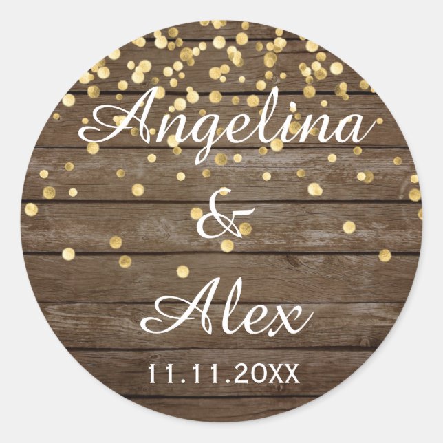 Rustic Wood Gold Confetti Wedding Vielen Dank Runder Aufkleber (Vorderseite)