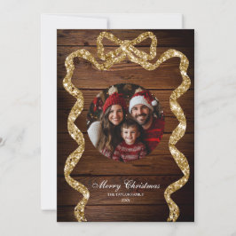 Rustic Wood Gold Family Foto Frohe Weihnachten Einladung