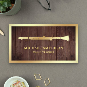 Rustic Wood Gold Foil Klarinette Music Teacher Visitenkarte