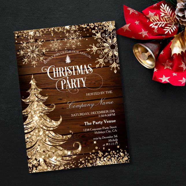 Rustic Wood Gold Glitter Corporate Christmas Party Einladung (GLITER GOLD CHRISTMAS TREES ON THE WOOD BACKGROUND,  CHRISTMAS PARTY INVITATION)