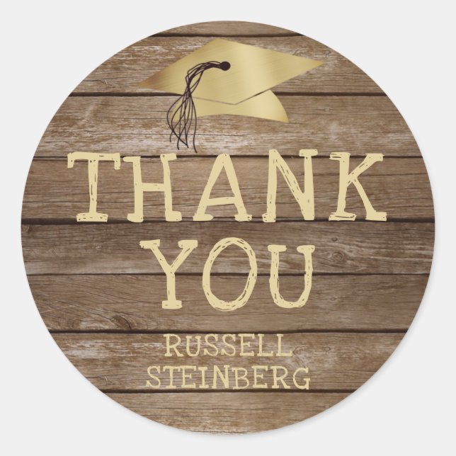 Rustic Wood Gold Graduation Cap DANK Runder Aufkleber (Vorderseite)