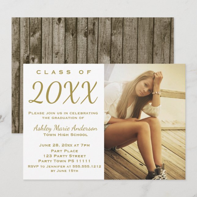 Rustic Wood Gold Graduation Party Foto Einladung (Vorne/Hinten)