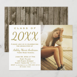 Rustic Wood Gold Graduation Party Foto Einladung