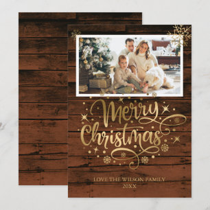 Rustic Wood Gold Joyeux Carte photo de Noël