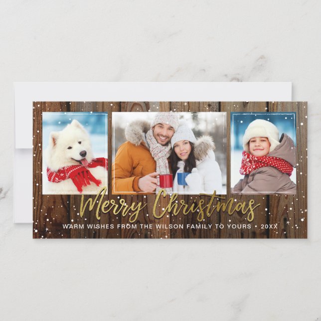 Rustic Wood Gold Joyeux Cartes photos de Noël (Devant)