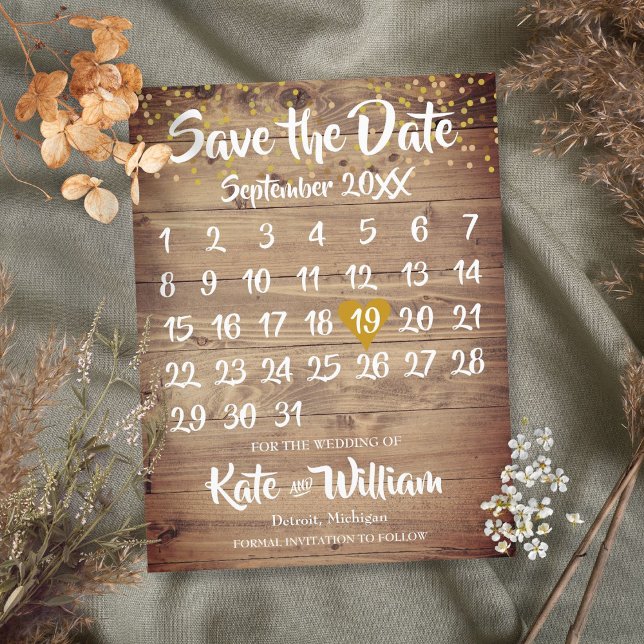 Rustic Wood Gold Liebe Herzkalender Save the Date Ankündigungspostkarte (Von Creator hochgeladen)
