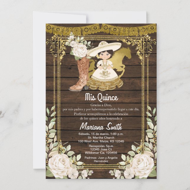Rustic Wood Gold Mexican Charro Miss Quince  Einladung (Vorderseite)