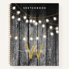 Rustic Wood Gold String Lights Monogram Sketchbook Notizbuch