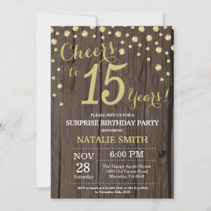 Rustic Wood Gold Überraschung 15. Geburtstag Diamo Einladung
