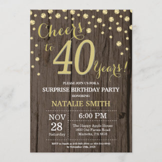 Rustic Wood Gold Überraschung 40. Geburtstag Diamo Einladung