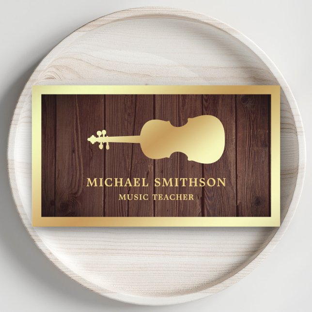 Rustic Wood Gold Violin Music Teacher Violinist Visitenkarte (Von Creator hochgeladen)