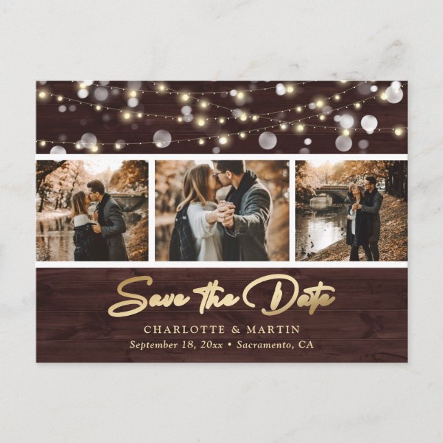 Rustic Wood Gold Wedding Foto Save the Date Ankündigungspostkarte (Vorderseite)