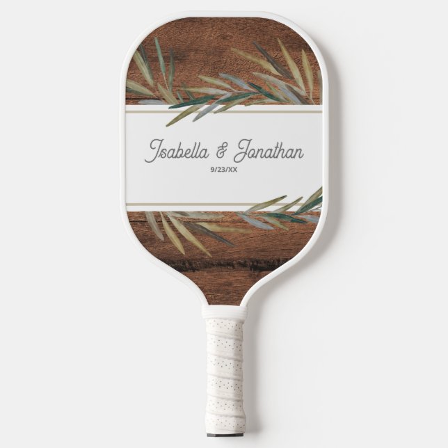 Rustic Wood Grain Wedelname Date Custom Pickleball Schläger (Vorderseite)