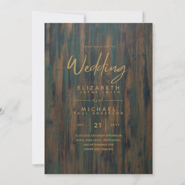 Rustic Wood Green Gold Hochzeit lädt Einladung (Vorderseite)