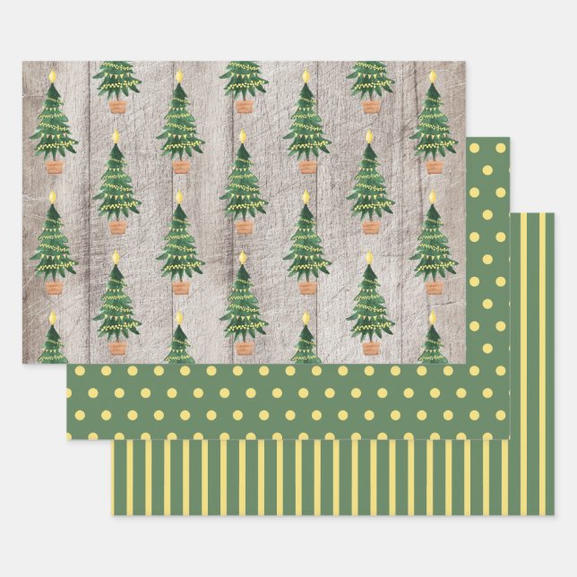 Rustic Wood Green Gold Polka Dots Stripe Geschenkpapier Set (Set)