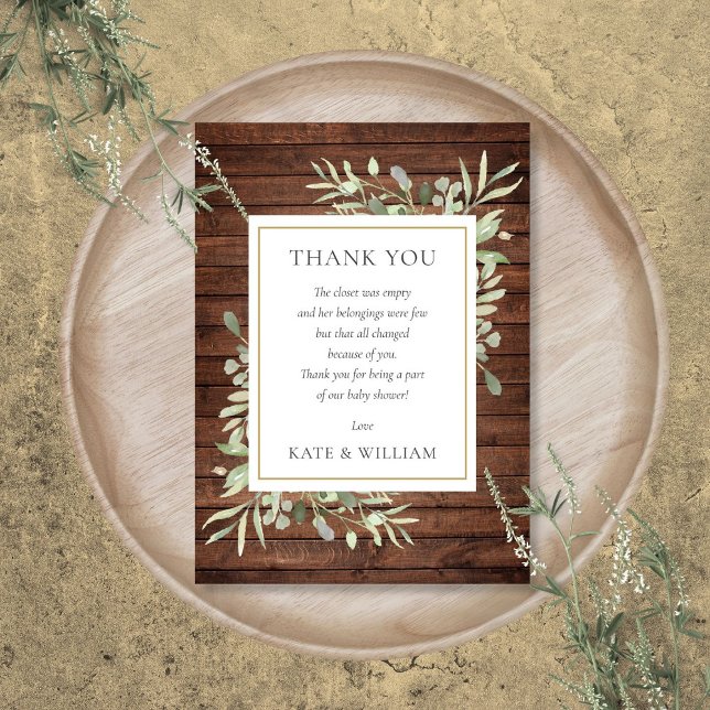 Rustic Wood Greenery Baby Shower Gedicht Dankeskarte (Rustic Wood Greenery Baby Shower Poem Thank You Card)
