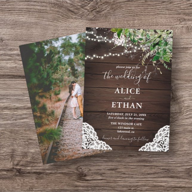 Rustic Wood Greenery Mariage Photo Invitation (Créateur téléchargé)