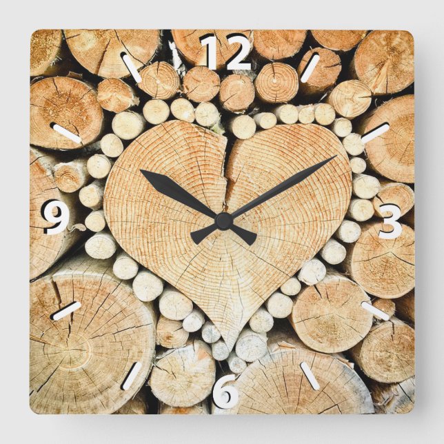 Rustic, Wood Heart, Country Quadratische Wanduhr (Vorderseite)