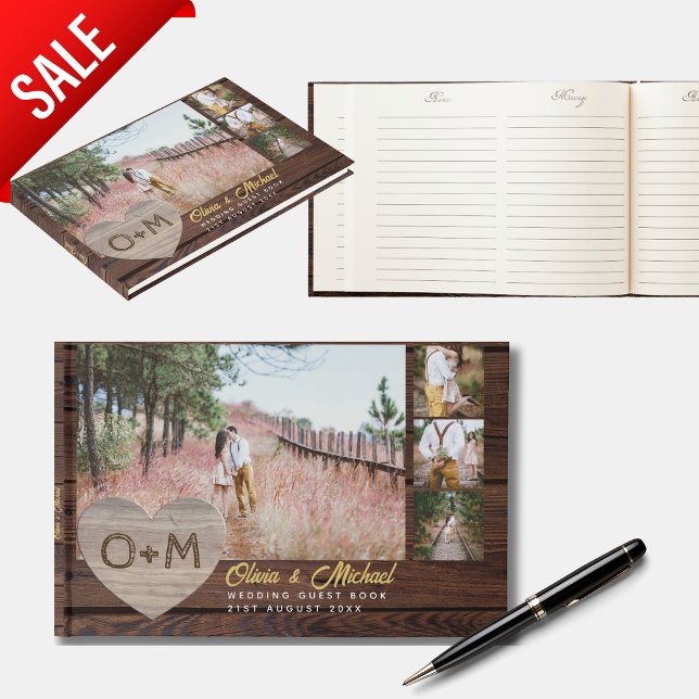 Rustic Wood Heart FOTO Collage Newlyweds Wedding Gästebuch (Von Creator hochgeladen)