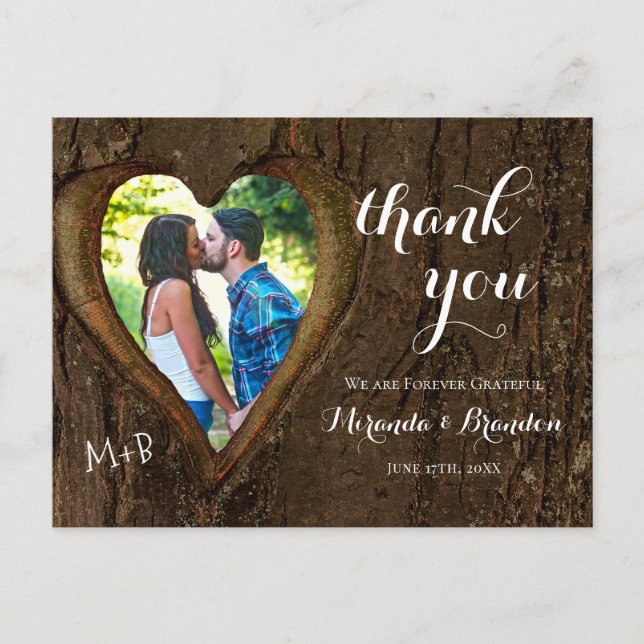 Rustic Wood Heart Foto Wedding Vielen Dank Postkarte (Vorderseite)