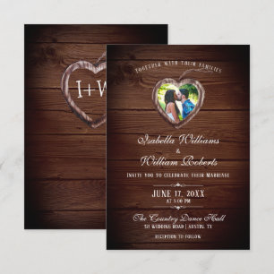 Rustic Wood Heart Mariage Photo Invitation