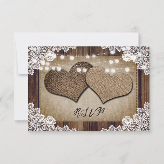 Rustic Wood Hearts Dentelle mariage RSVP choix de  (Devant)