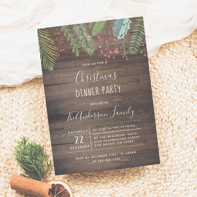 Rustic Wood Holly & Pine Holiday Party Invitation (Créateur téléchargé)
