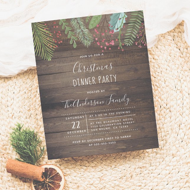 Rustic Wood Holly & Pine Holiday Party Invitation (Créateur téléchargé)