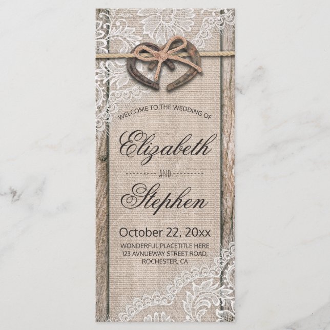 Rustic Wood Horseshoes Burlap Lace Wedding Program Programm (Vorderseite)