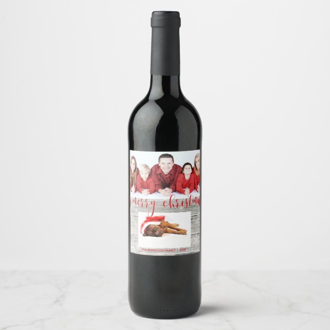 Rustic Wood Joyeux Noël Photo - Étiquette de vin (Devant)