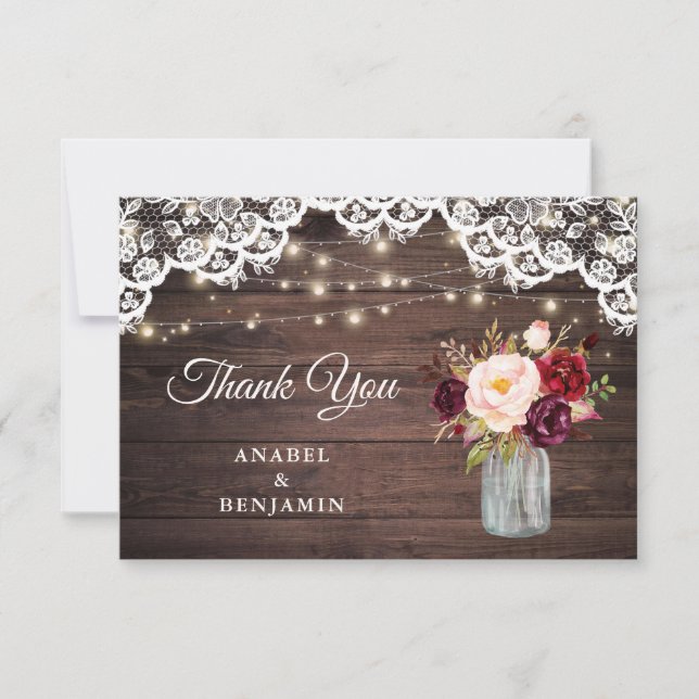 Rustic Wood Lace Blush Mason Jar Wedding Vielen Da Dankeskarte (Vorderseite)