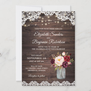 Rustic Wood Lace Burgundy Blush Mason Jar Wedding Einladung
