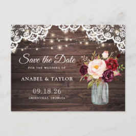 Rustic Wood Lace Burgundy Mason Jar Save the Date Ankündigungspostkarte