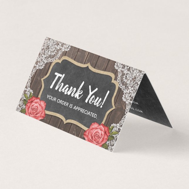 Rustic Wood & Lace Floral Chalkboard Vielen Dank (Vorderseite)