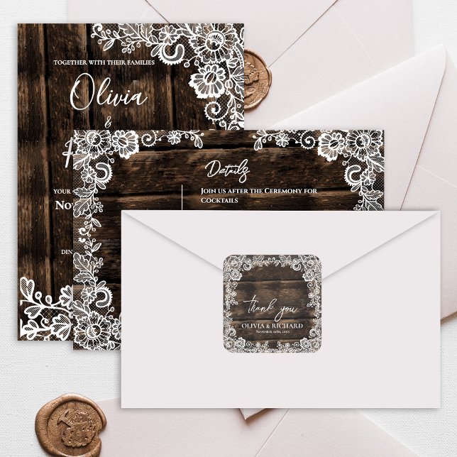 Rustic Wood Lace Floral Wedding Thank You Quadratischer Aufkleber (Rustic Wood Lace Floral Wedding Thank You Square Sticker)