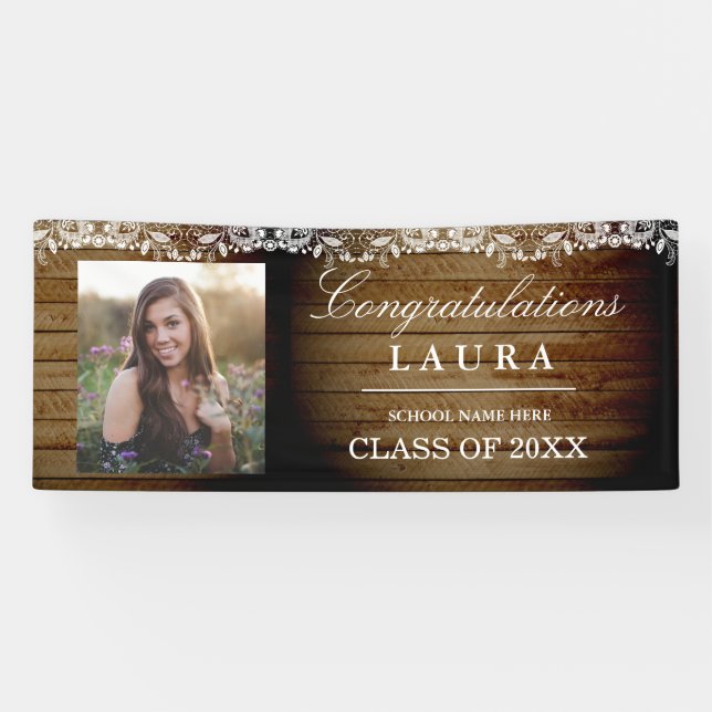 Rustic Wood Lace Glückwunschs Abschluss Foto Banne Banner (Horizontal)