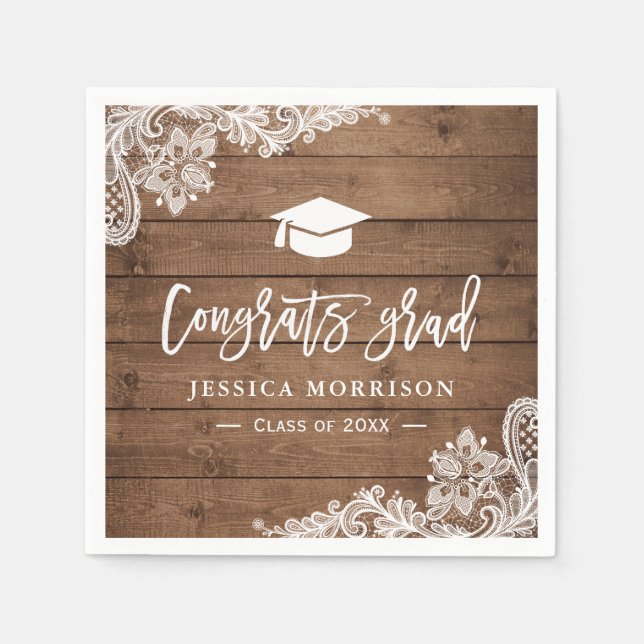 Rustic Wood Lace Glückwunschs Grad Graduation Part Serviette (Vorderseite)