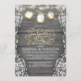 Rustic Wood Lace Mason Jar Lights Graduation Party Einladung