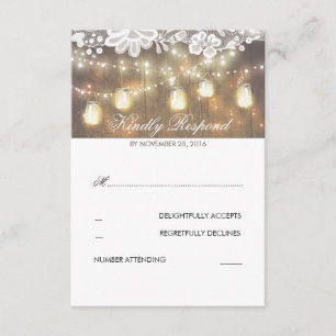 Rustic Wood Lace Mason Jar Lights Wedding RSVP Karte